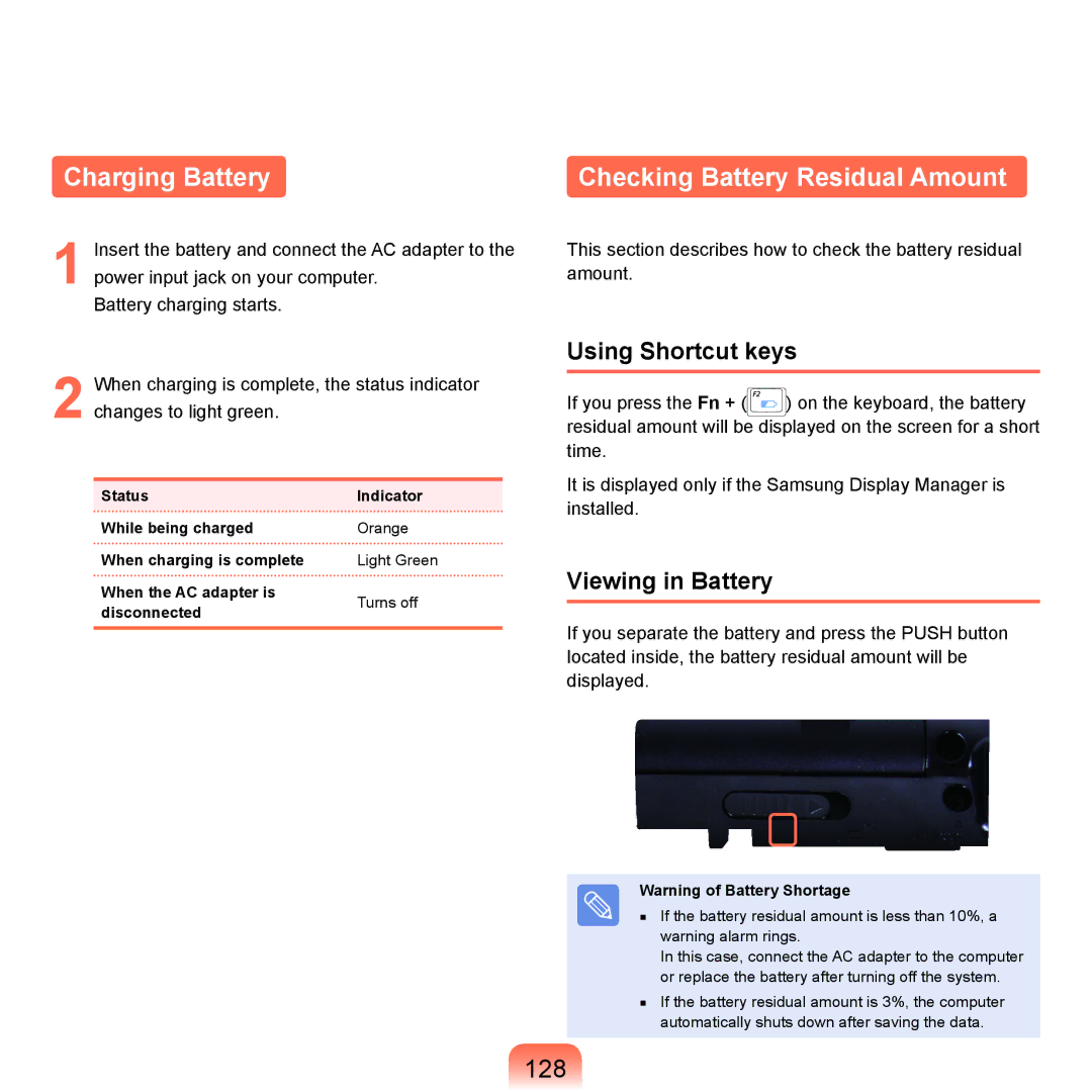 Samsung P55 manual Charging Battery, Checking Battery Residual Amount, 128, Using Shortcut keys, Viewing in Battery 