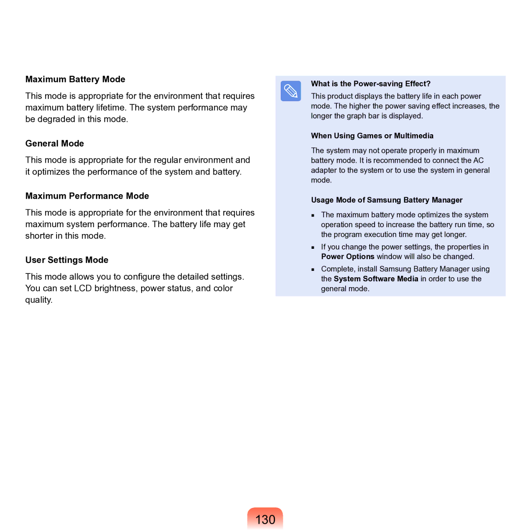 Samsung P55 manual 130, Maximum Battery Mode, General Mode, Maximum Performance Mode, User Settings Mode 