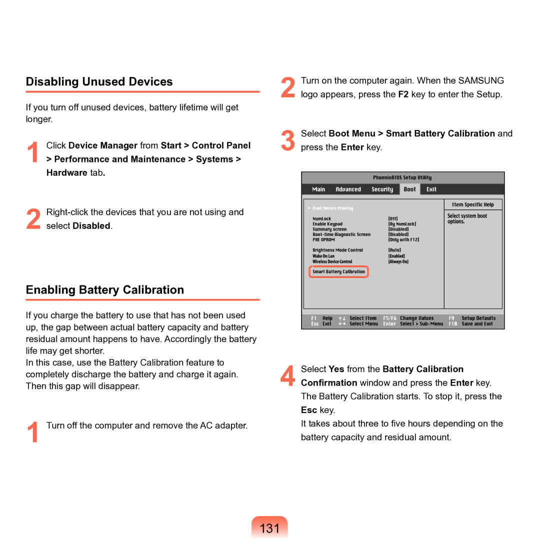 Samsung P55 manual 131, Disabling Unused Devices, Enabling Battery Calibration 