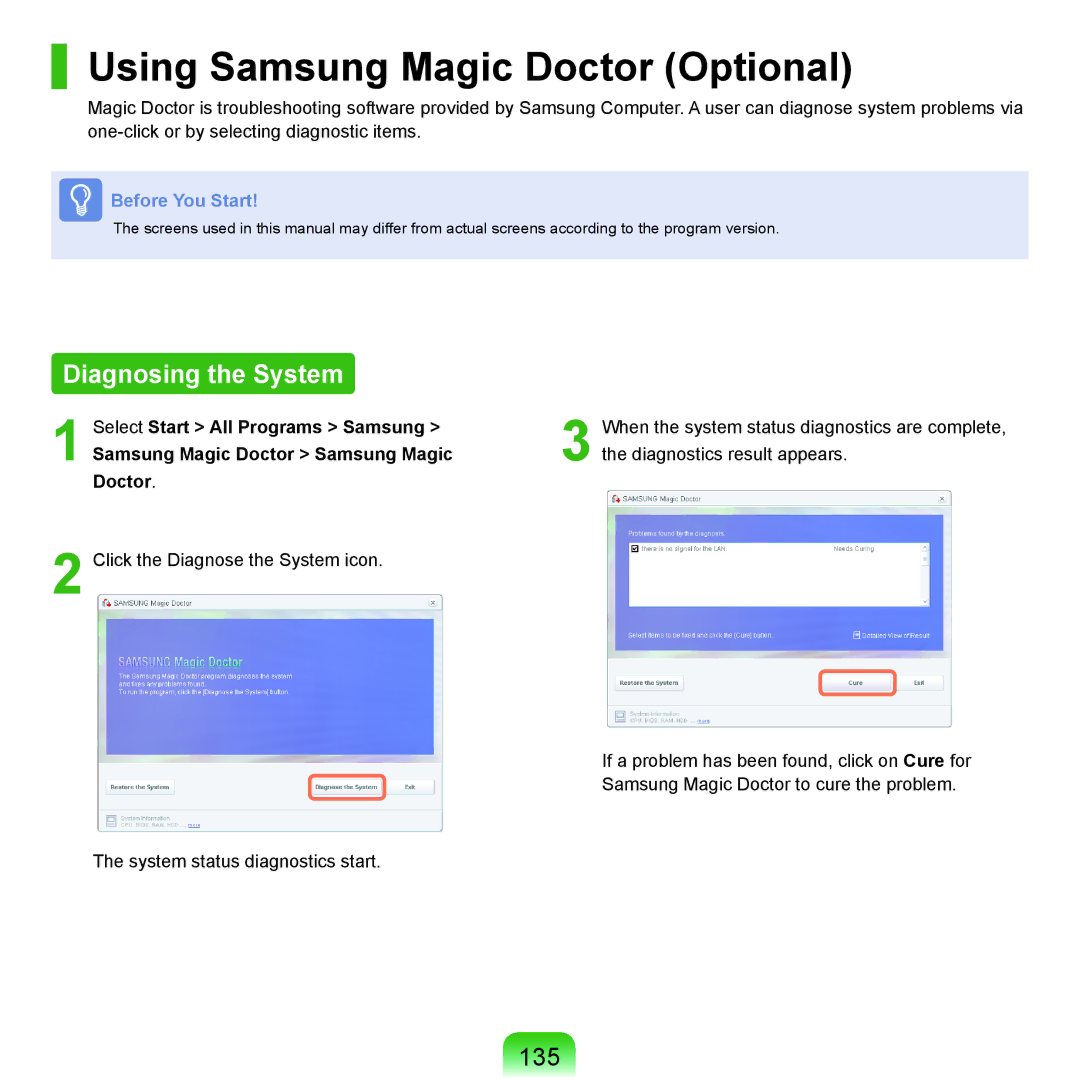 Samsung P55 manual Using Samsung Magic Doctor Optional, Diagnosing the System, 135, Select Start All Programs Samsung 