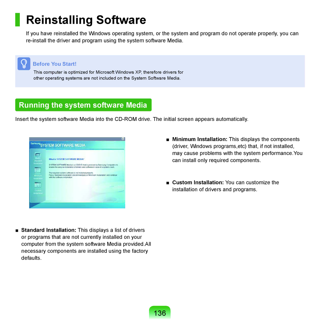 Samsung P55 manual Reinstalling Software, Running the system software Media, 136 