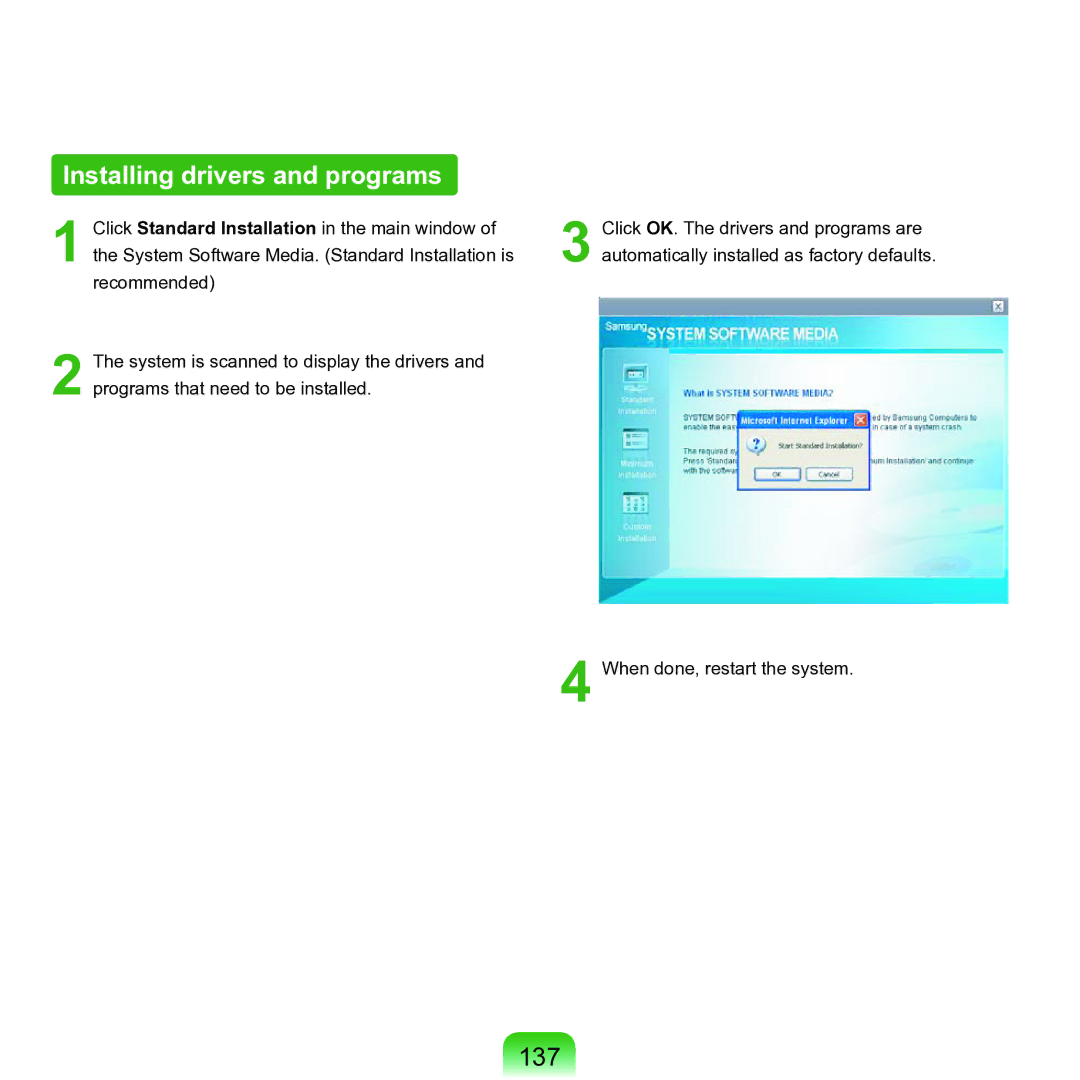 Samsung P55 manual Installing drivers and programs, 137 