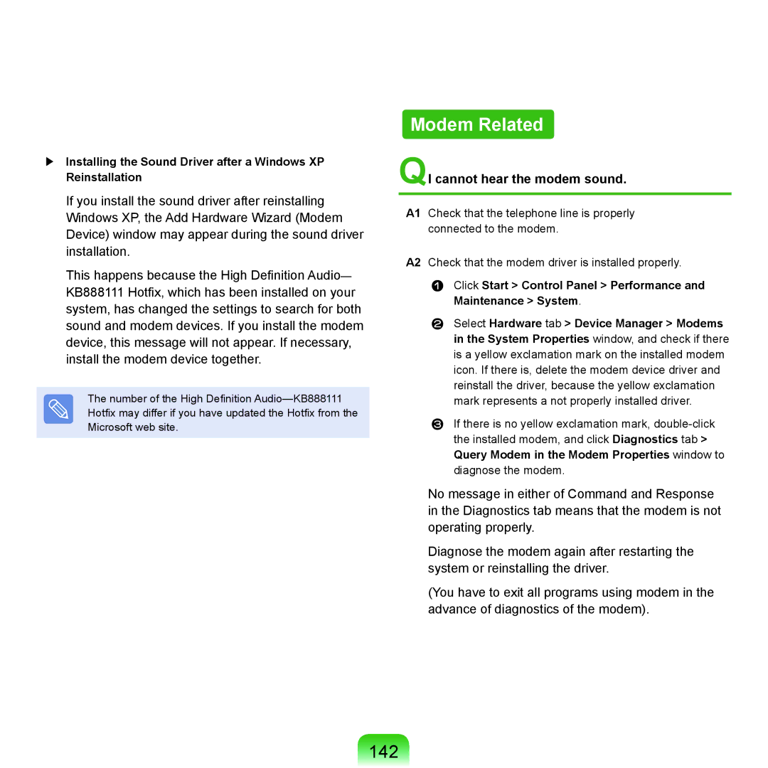 Samsung P55 manual Modem Related, 142, QI cannot hear the modem sound 