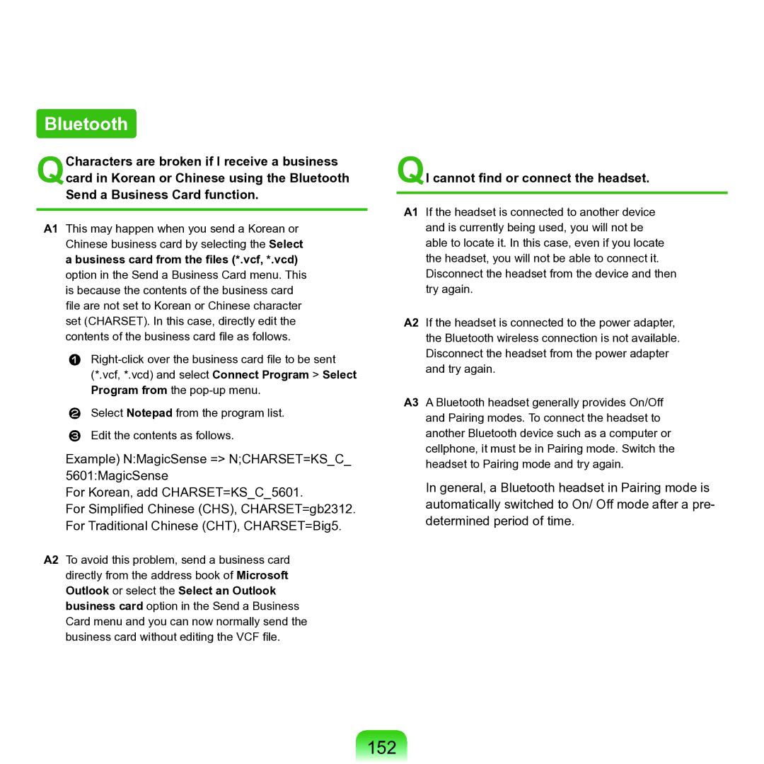 Samsung P55 manual Bluetooth, 152, QI cannot find or connect the headset 