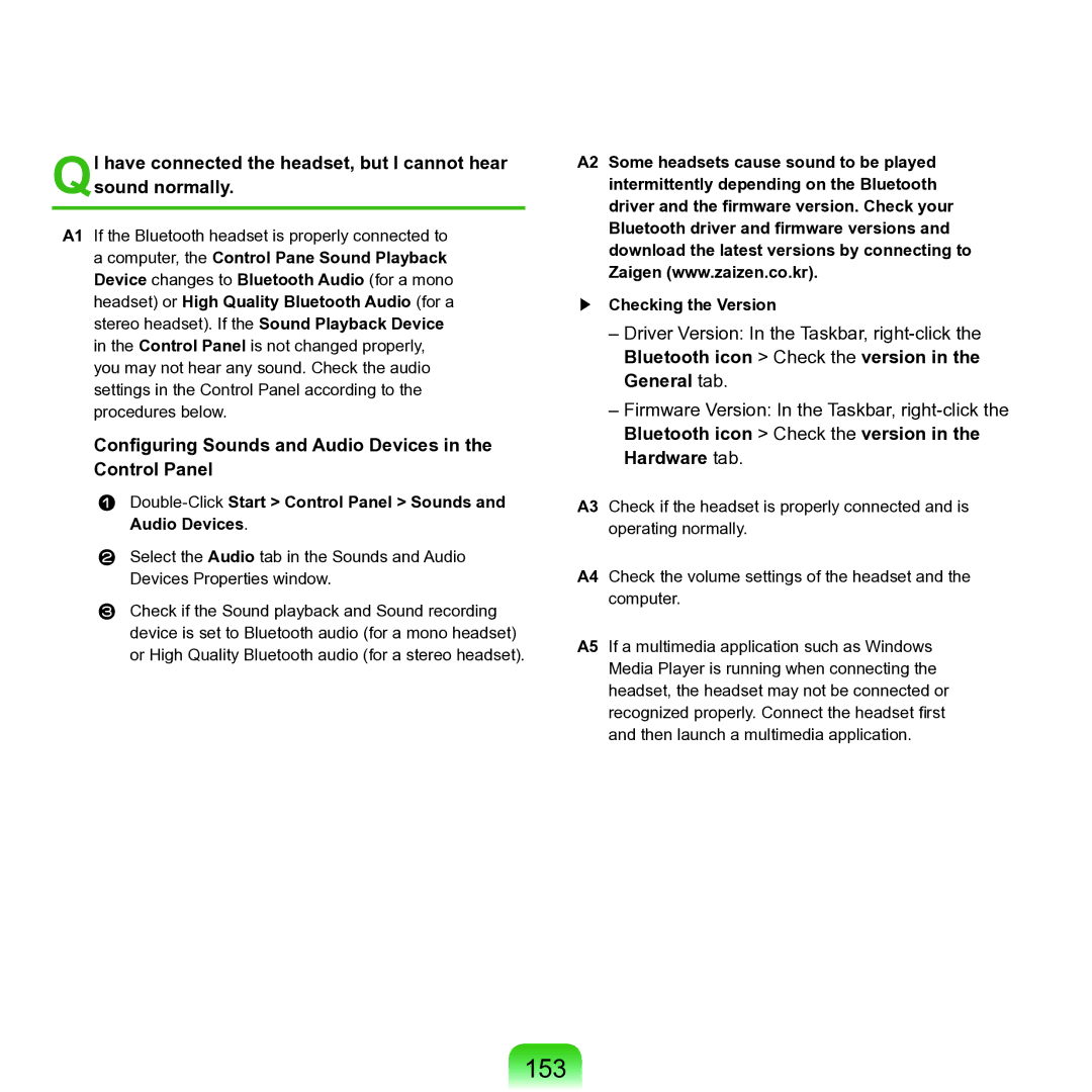 Samsung P55 153, Configuring Sounds and Audio Devices Control Panel, Bluetooth icon Check the version in the General tab 