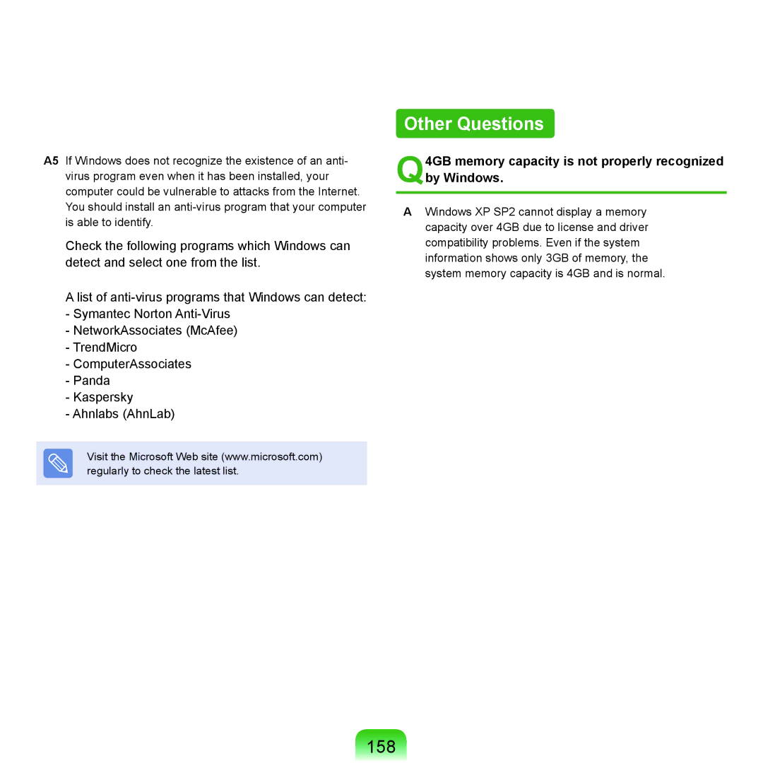 Samsung P55 manual Other Questions, 158, Q4GB memory capacity is not properly recognized by Windows 