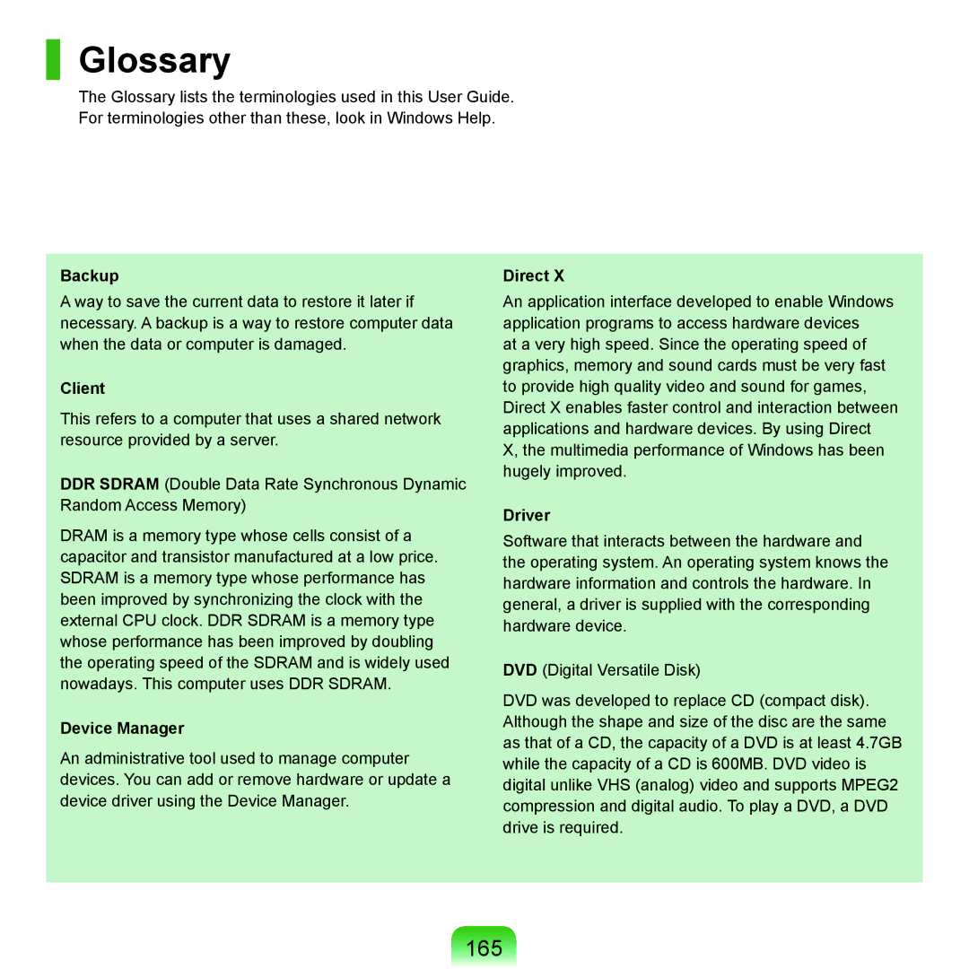 Samsung P55 manual Glossary, 165 