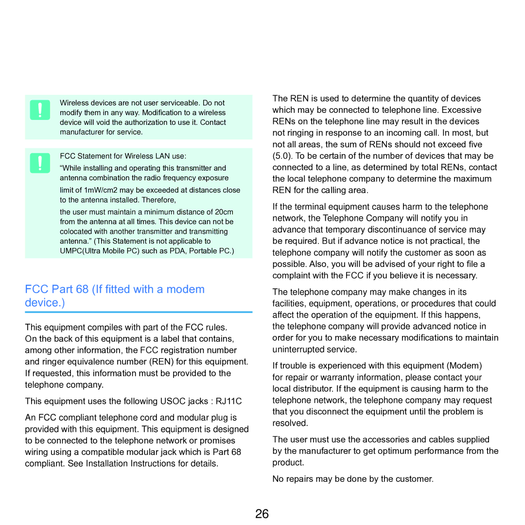 Samsung P55 manual FCC Part 68 If fitted with a modem device, FCC Statement for Wireless LAN use 