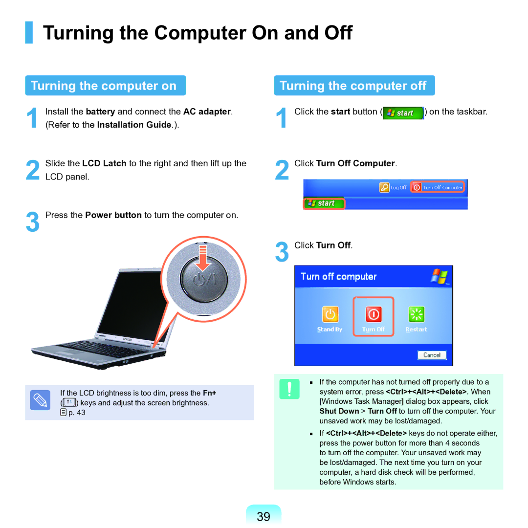 Samsung P55 Turning the Computer On and Off, Turning the computer on Turning the computer off, Click Turn Off Computer 