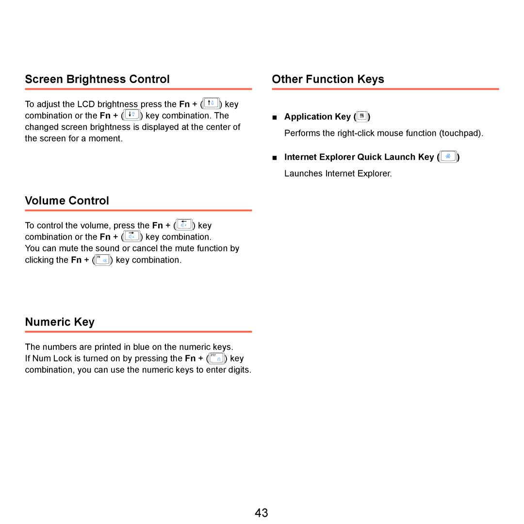 Samsung P55 manual Screen Brightness Control, Volume Control, Numeric Key, Other Function Keys 