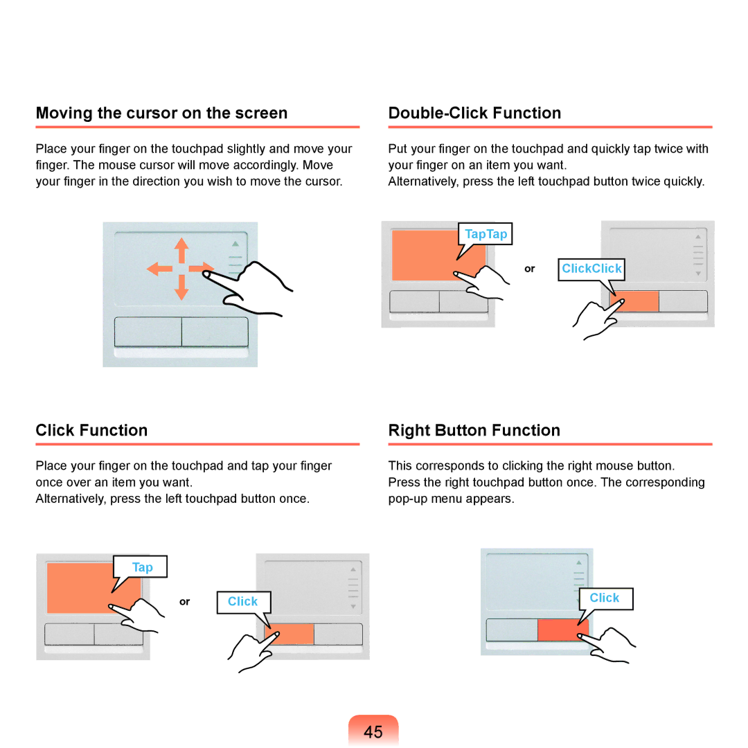 Samsung P55 manual Moving the cursor on the screen, Double-Click Function, Right Button Function 