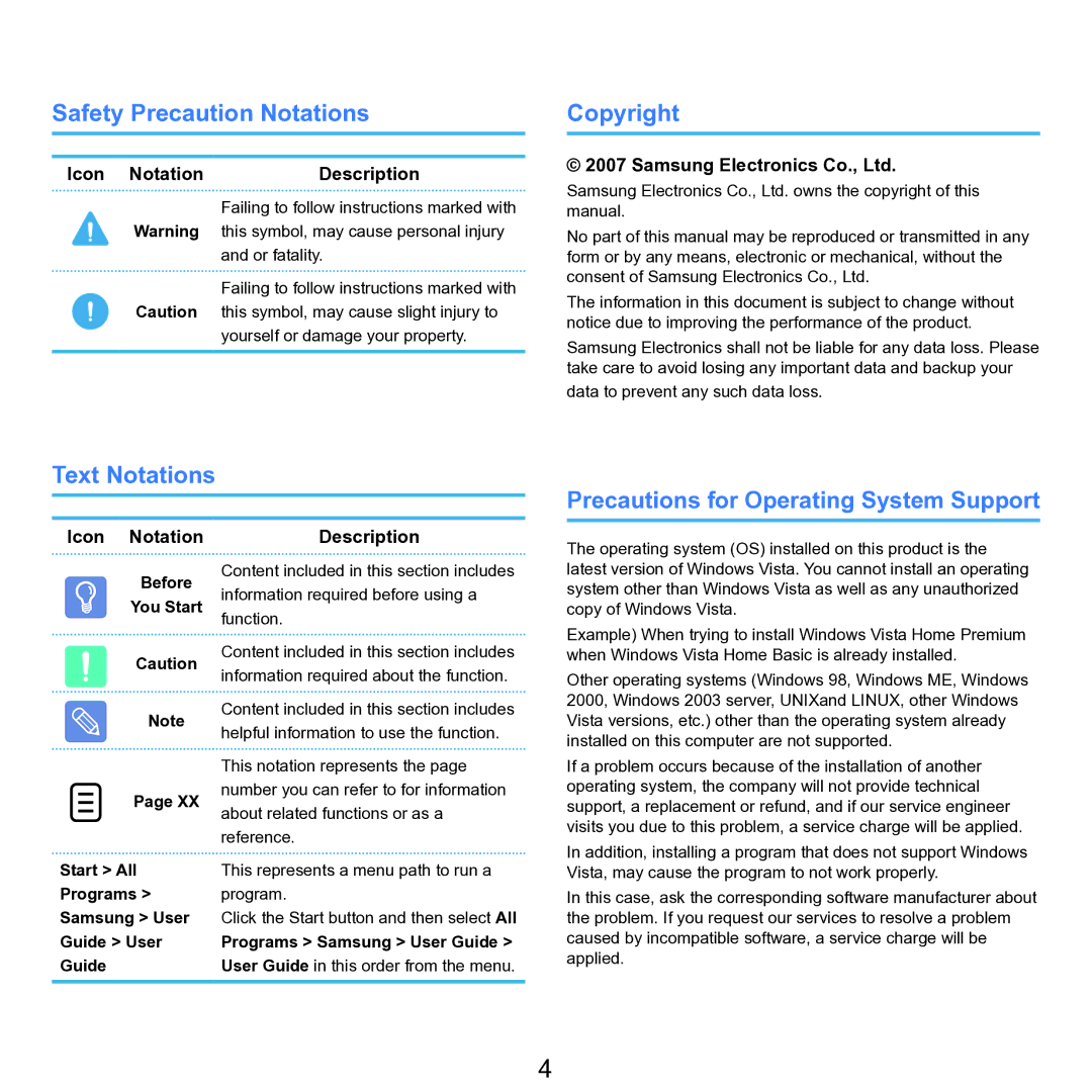 Samsung P55 Safety Precaution Notations, Copyright, Text Notations Precautions for Operating System Support, Icon Notation 