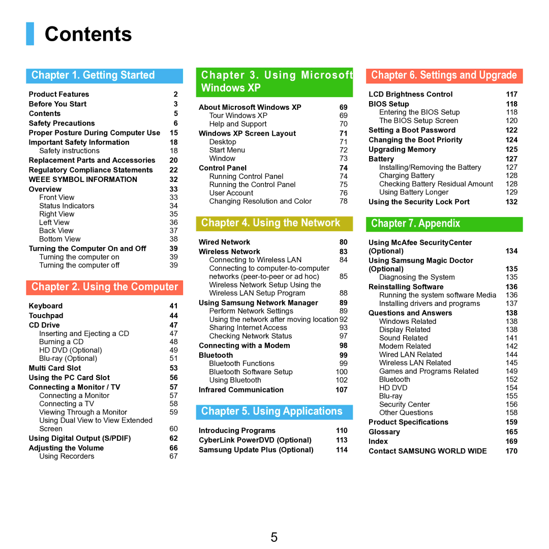 Samsung P55 manual Contents 