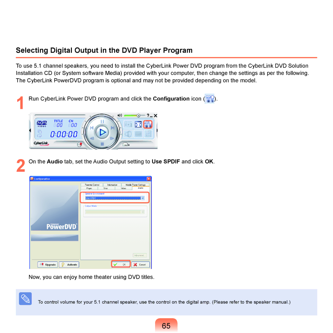 Samsung P55 manual Selecting Digital Output in the DVD Player Program 