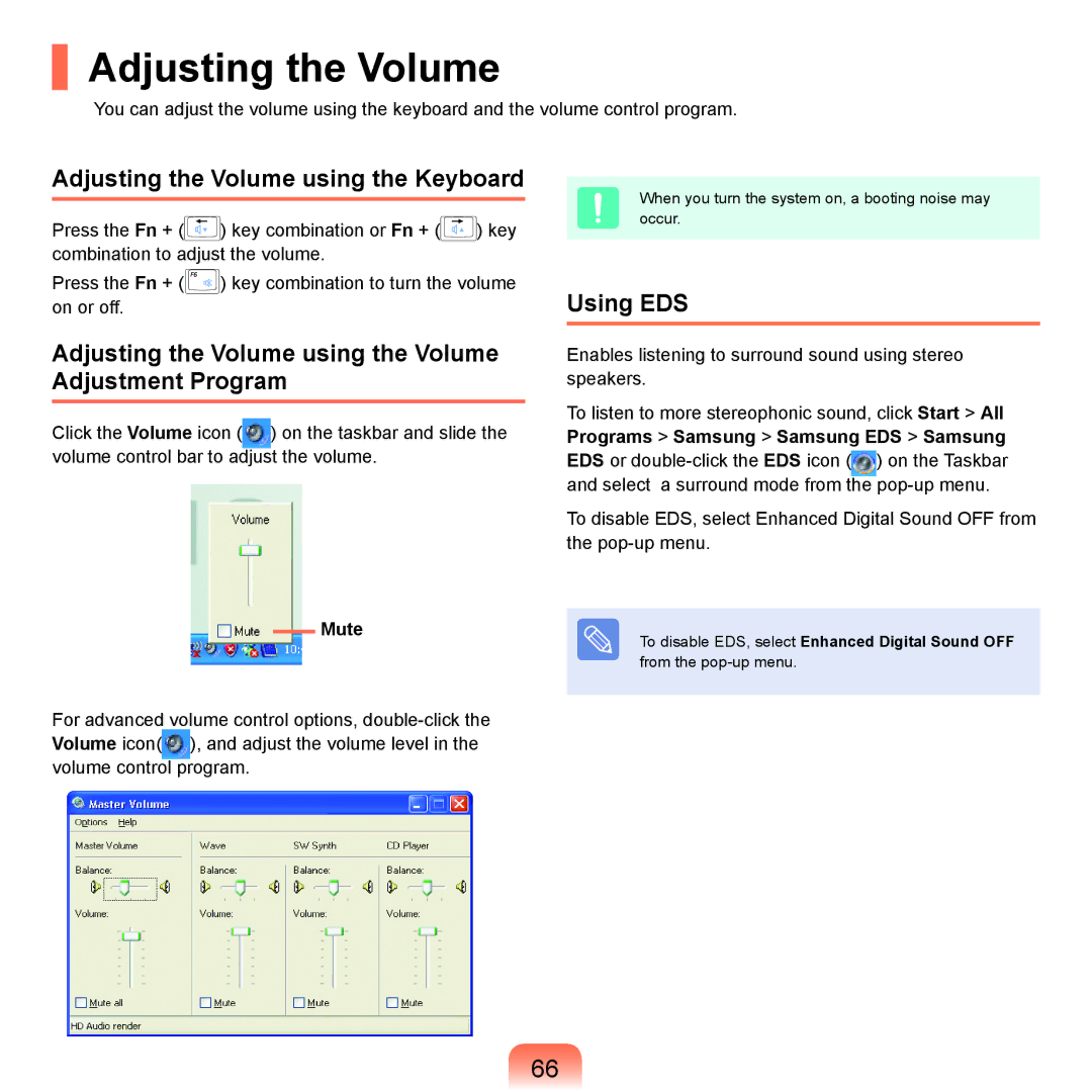 Samsung P55 manual Adjusting the Volume using the Keyboard 