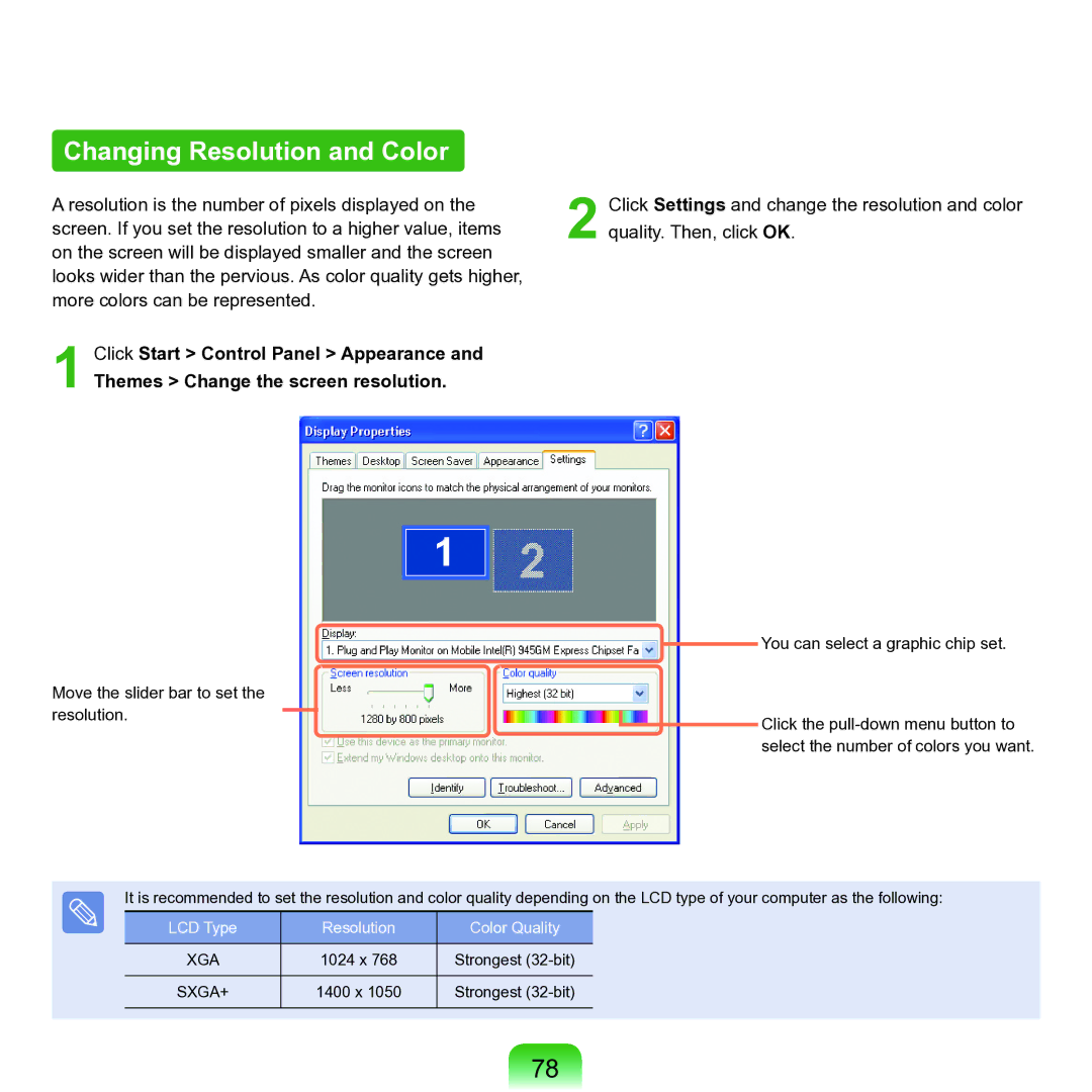 Samsung P55 manual Changing Resolution and Color 