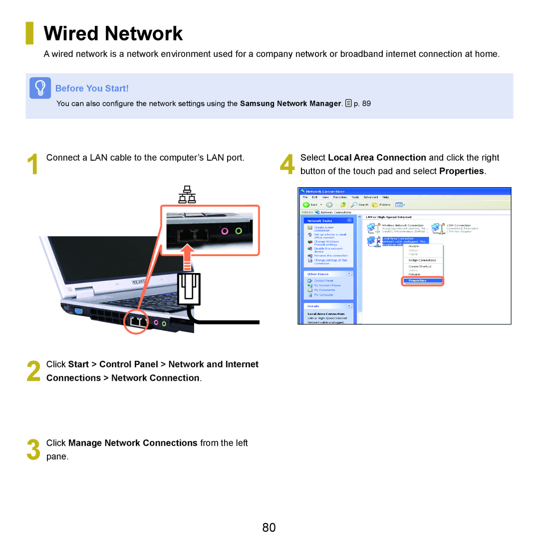 Samsung P55 manual Wired Network 