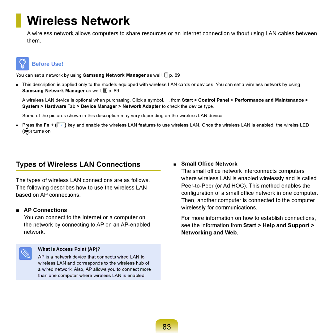 Samsung P55 manual Wireless Network, Types of Wireless LAN Connections, AP Connections, Small Office Network 