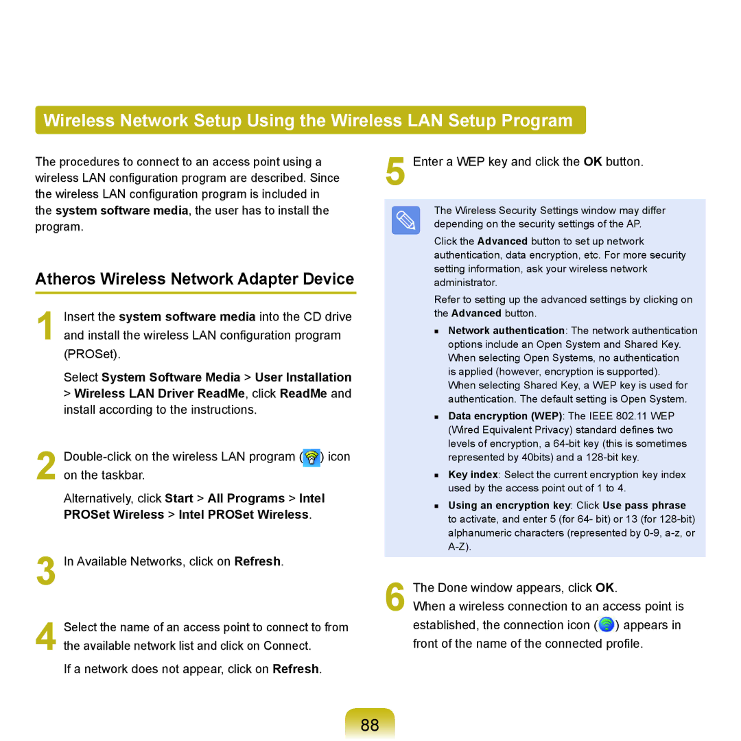 Samsung P55 manual Wireless Network Setup Using the Wireless LAN Setup Program, Atheros Wireless Network Adapter Device 