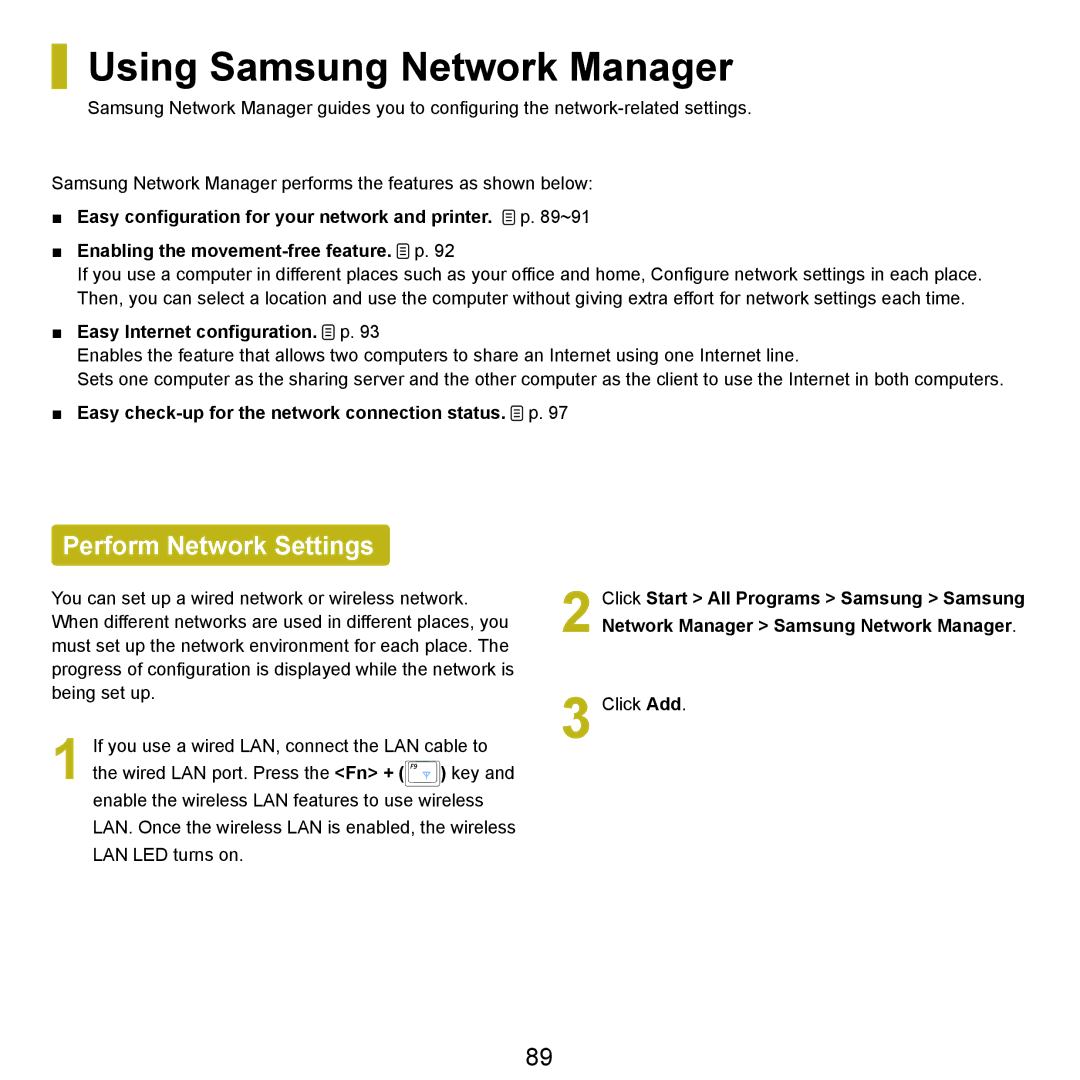 Samsung P55 manual Using Samsung Network Manager, Perform Network Settings, Easy Internet configuration. p 