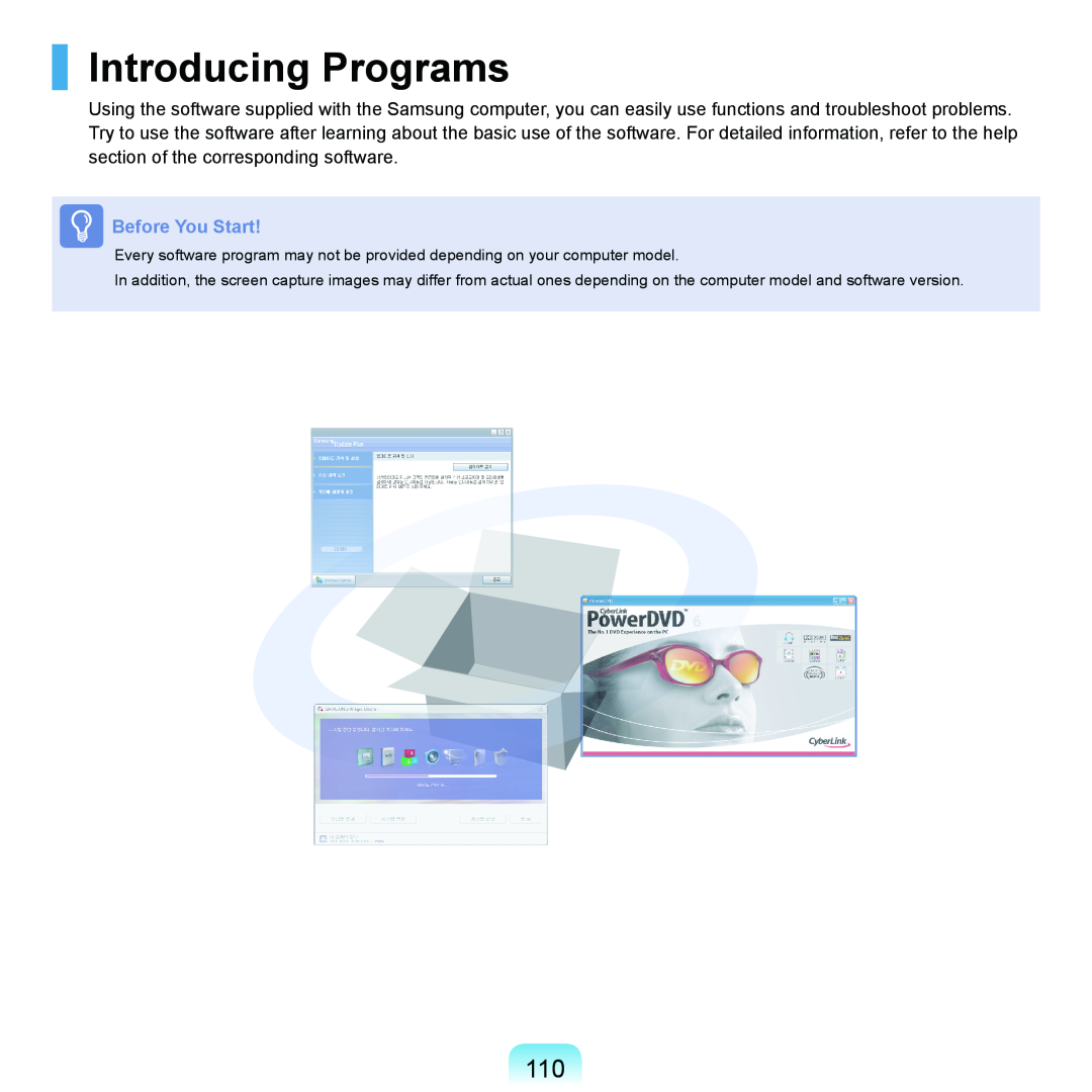 Samsung P55 manual Introducing Programs, Before You Start 