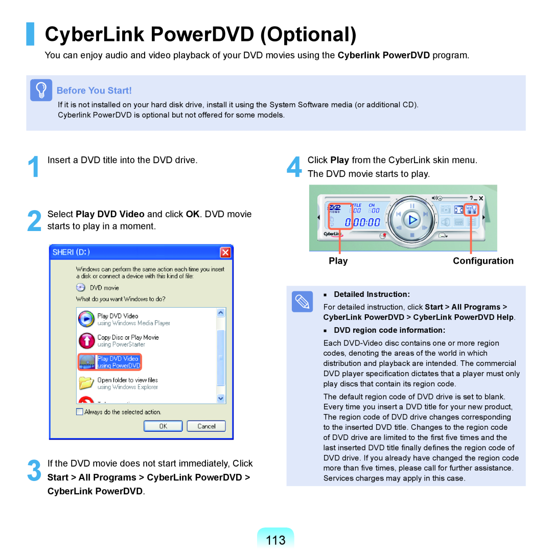 Samsung P55 manual CyberLink PowerDVD Optional, Before You Start, Start All Programs CyberLink PowerDVD CyberLink PowerDVD 