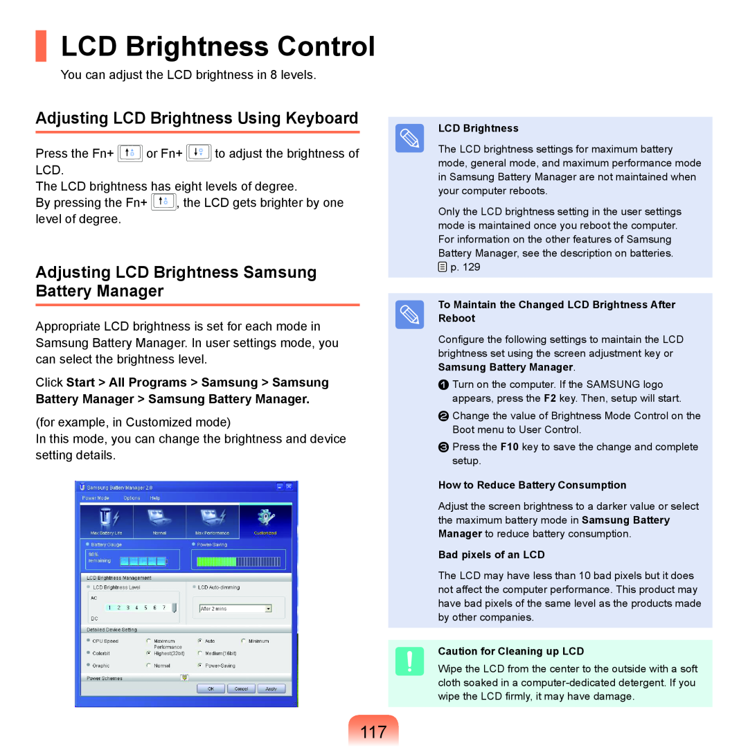 Samsung P55 LCD Brightness Control, Adjusting LCD Brightness Using Keyboard, Click Start All Programs Samsung Samsung 