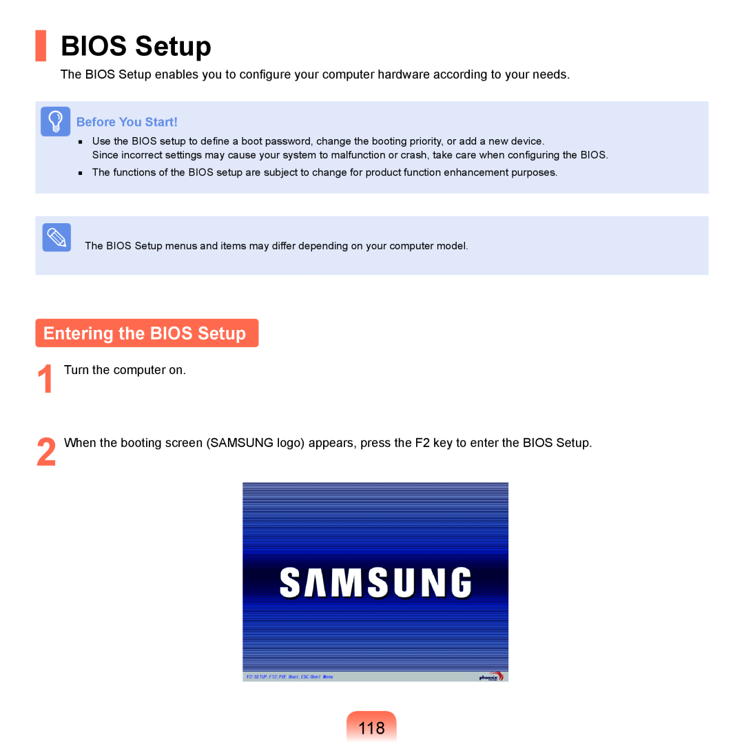 Samsung P55 manual Entering the BIOS Setup, Before You Start 
