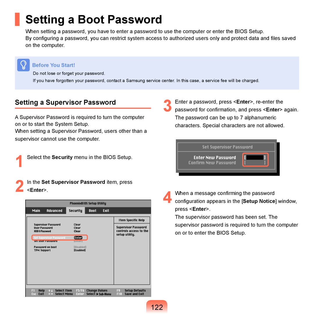 Samsung P55 manual Setting a Boot Password, Setting a Supervisor Password, Before You Start, Enter 