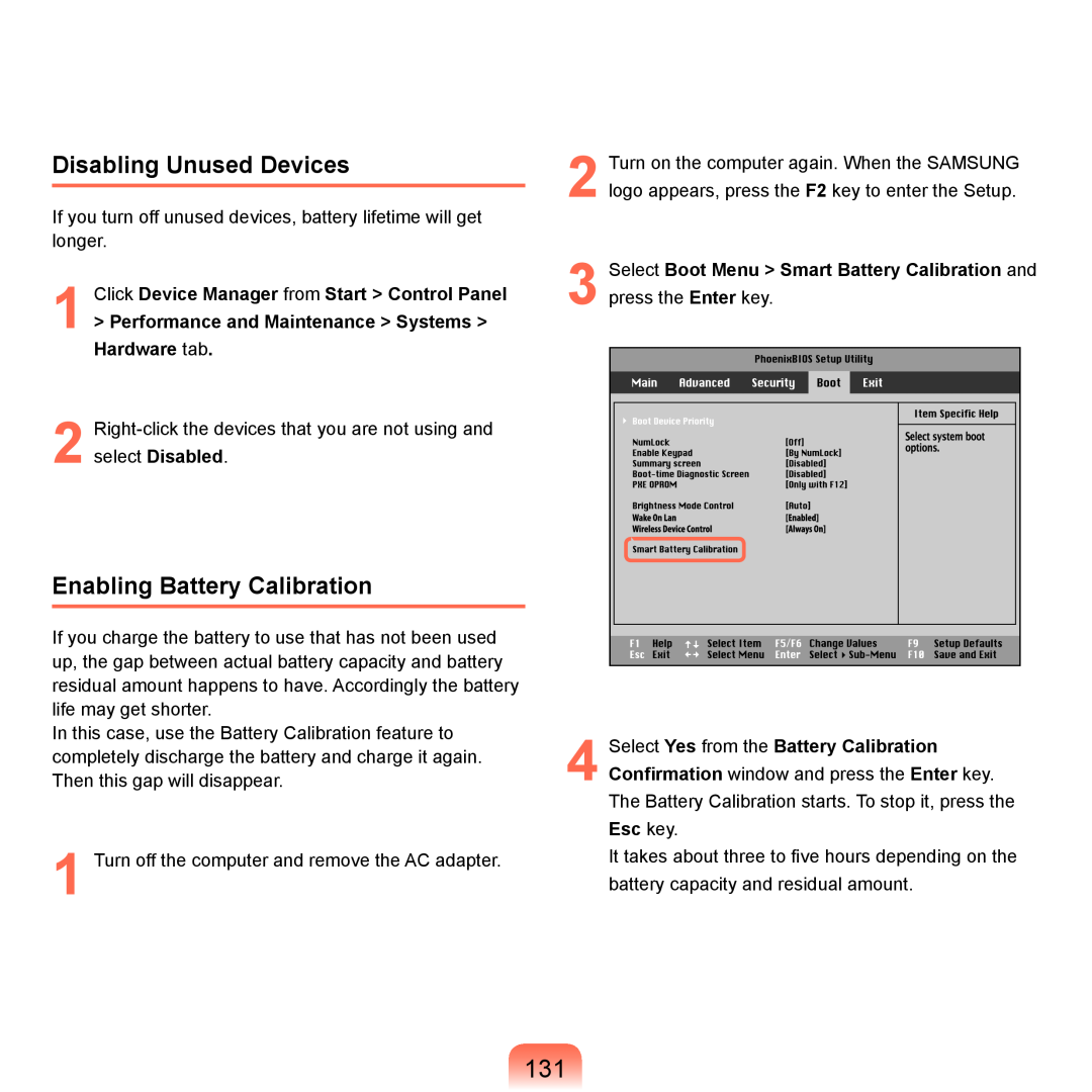Samsung P55 manual Disabling Unused Devices, Enabling Battery Calibration 