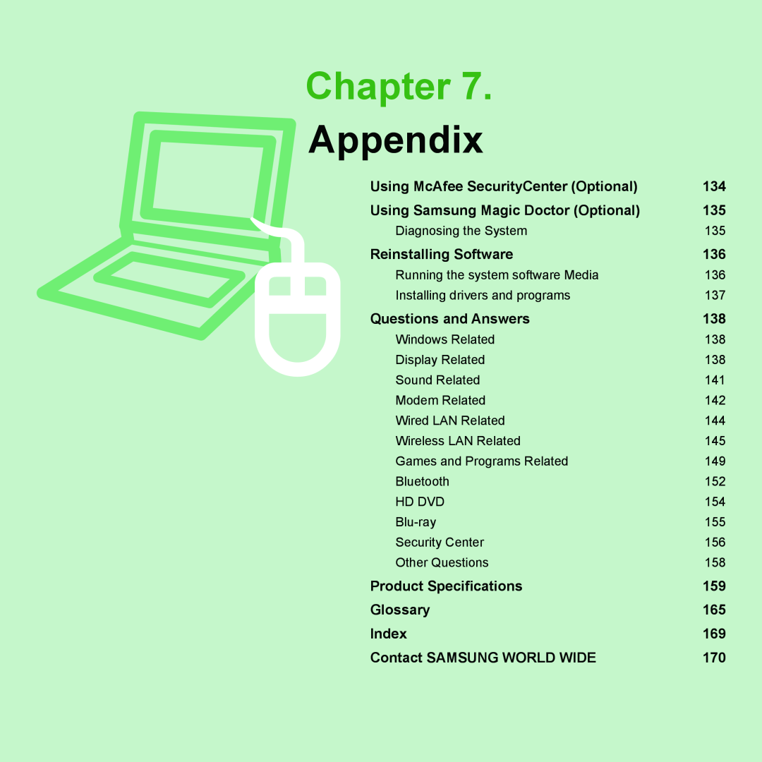 Samsung P55 manual Appendix, Chapter 
