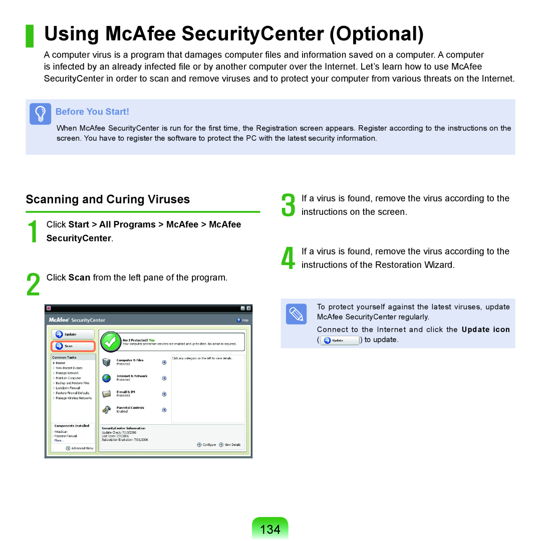 Samsung P55 manual Using McAfee SecurityCenter Optional, Scanning and Curing Viruses, Before You Start 
