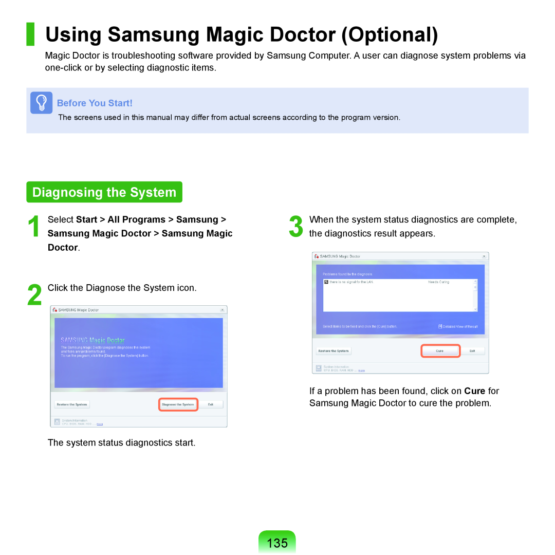 Samsung P55 manual Using Samsung Magic Doctor Optional, Diagnosing the System, Before You Start 
