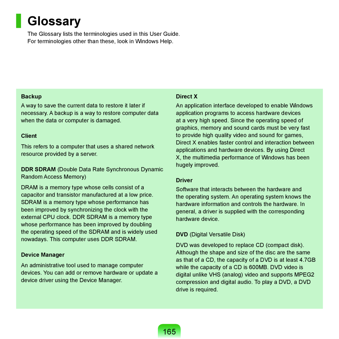 Samsung P55 manual Glossary, Backup, Client, Device Manager, Direct, Driver 