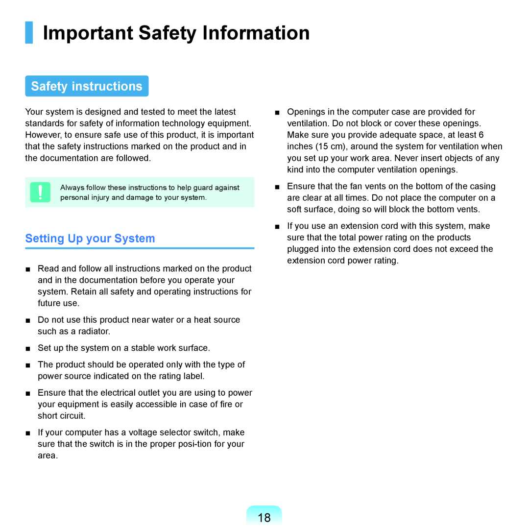Samsung P55 manual Important Safety Information, Safety instructions, Setting Up your System 
