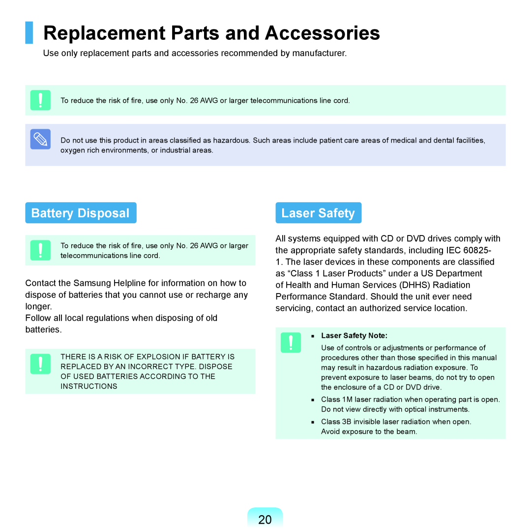 Samsung P55 manual Replacement Parts and Accessories, Battery Disposal, Laser Safety 