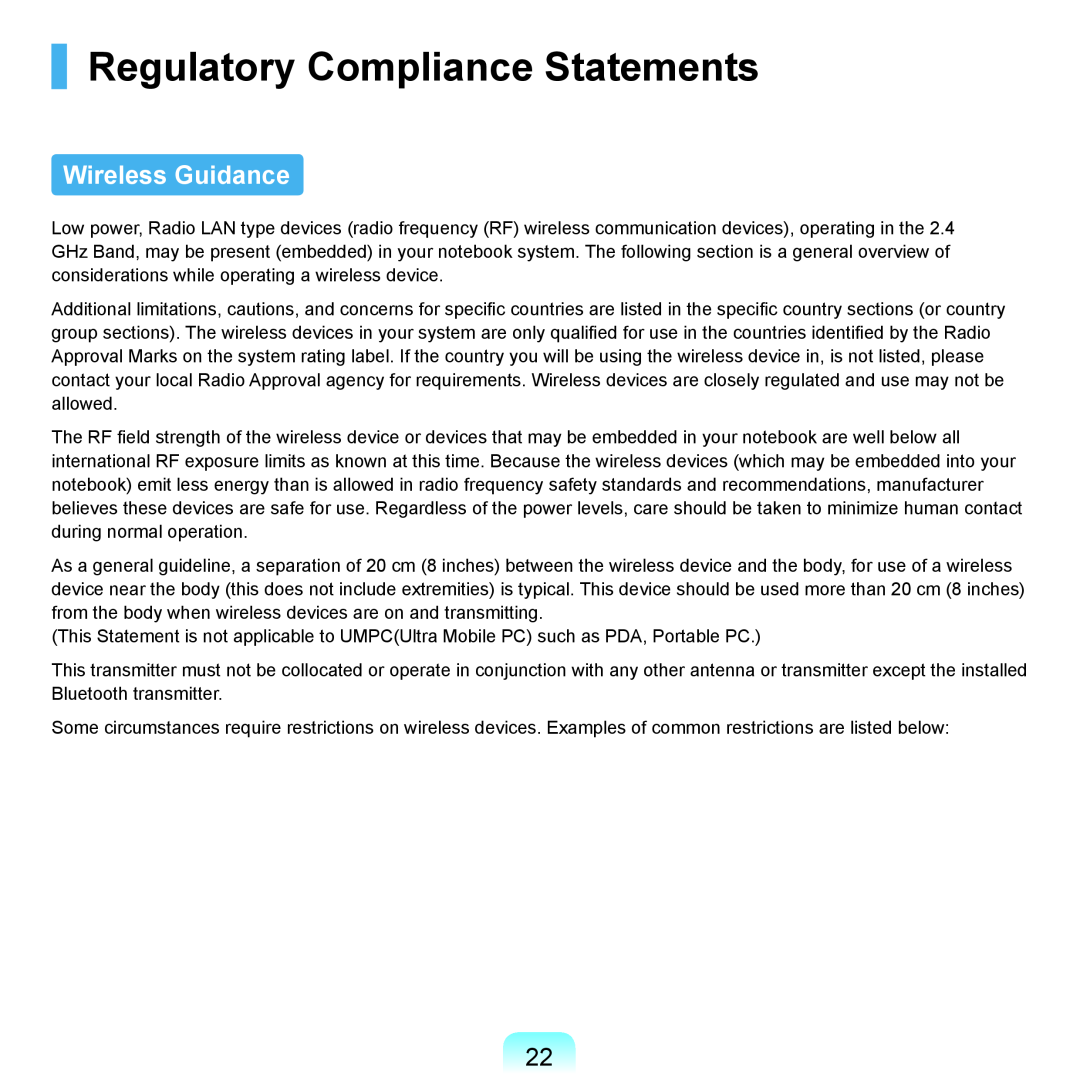 Samsung P55 manual Regulatory Compliance Statements, Wireless Guidance 