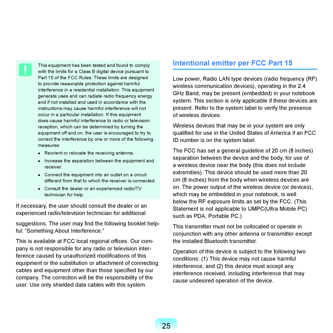 Samsung P55 manual Intentional emitter per FCC Part 