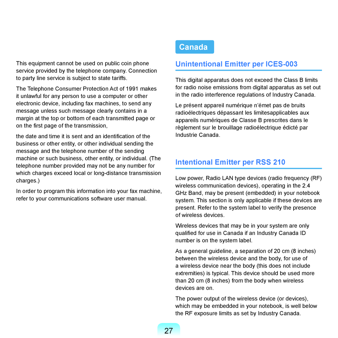 Samsung P55 manual Canada, Unintentional Emitter per ICES-003, Intentional Emitter per RSS 