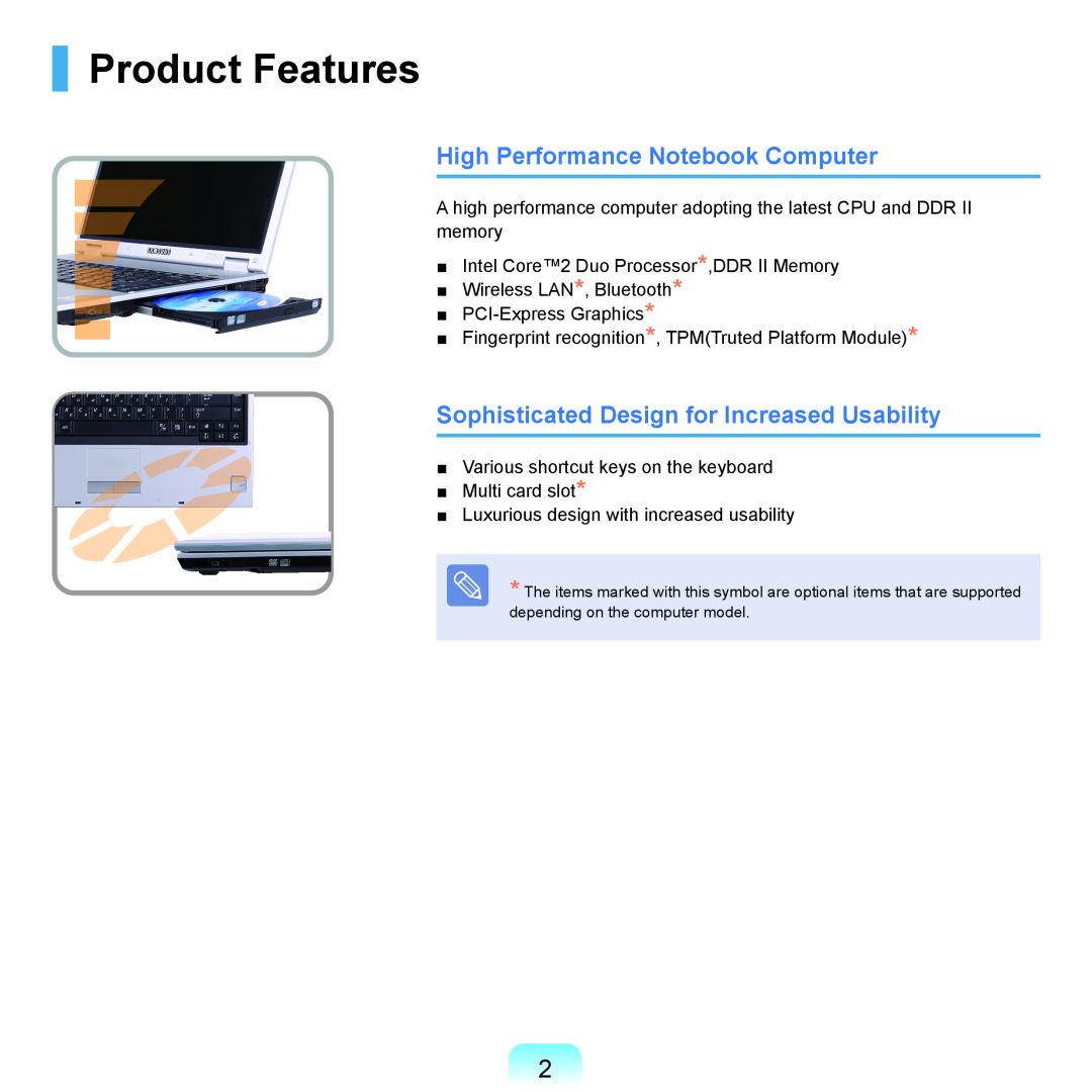 Samsung P55 manual Product Features, High Performance Notebook Computer, Sophisticated Design for Increased Usability 