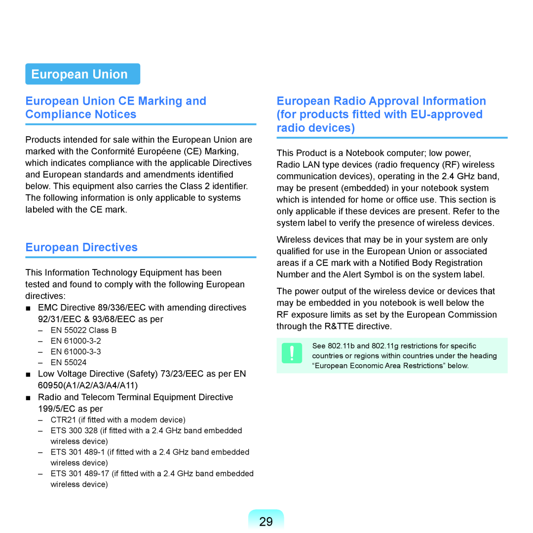Samsung P55 manual European Union CE Marking and Compliance Notices, European Directives 
