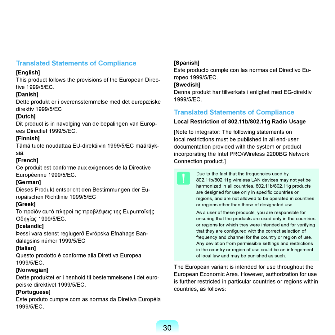 Samsung P55 manual Translated Statements of Compliance, English, Danish, Dutch, Finnish, French, German, Greek, Icelandic 