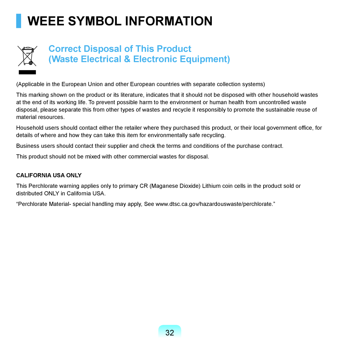 Samsung P55 manual Weee Symbol Information, Correct Disposal of This Product, Waste Electrical & Electronic Equipment 