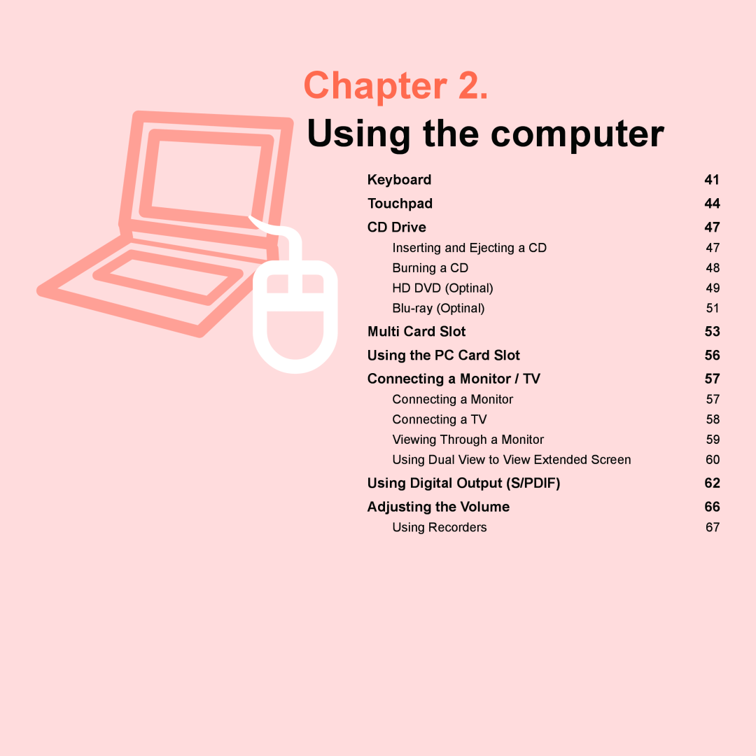 Samsung P55 manual Chapter, Using the computer 