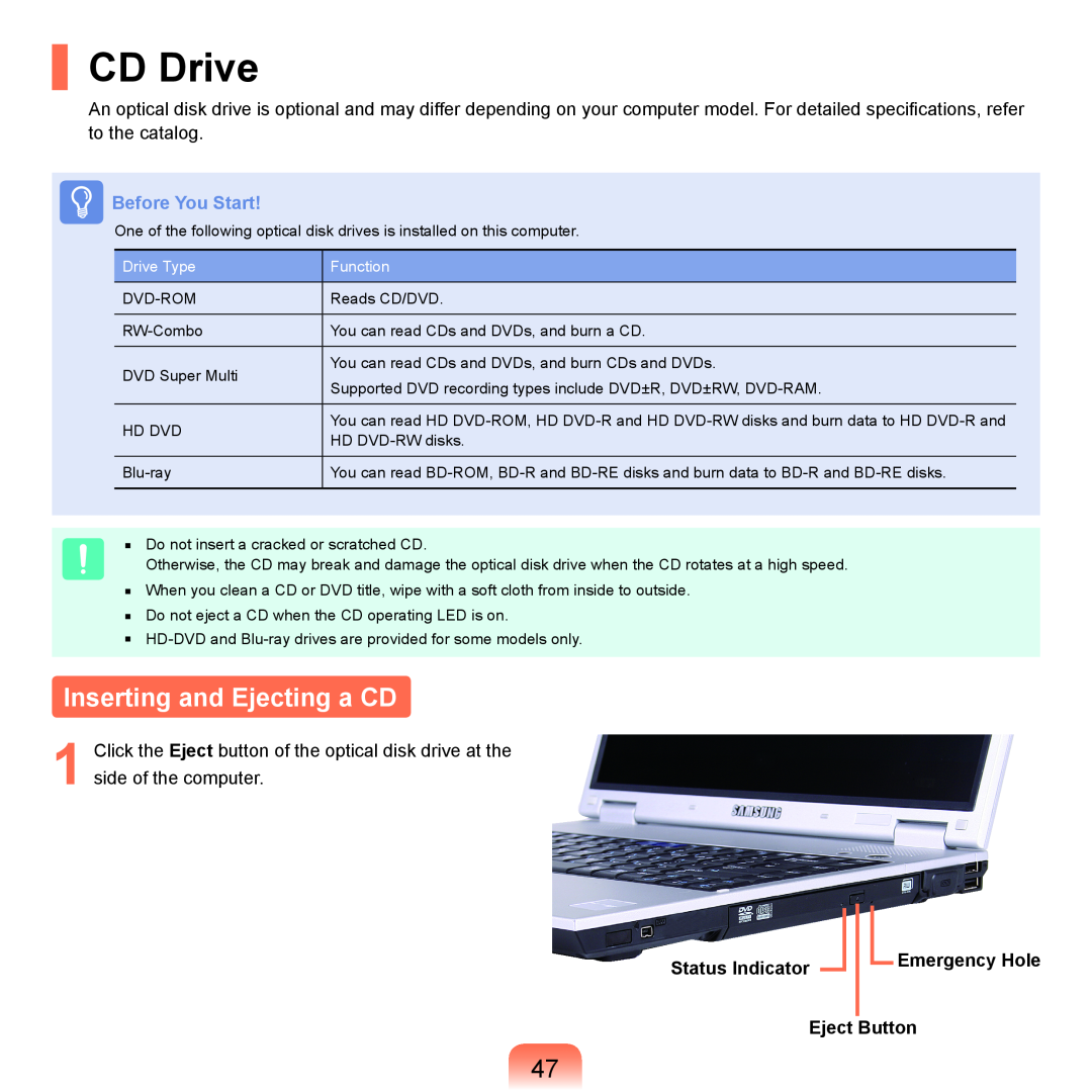 Samsung P55 manual CD Drive, Inserting and Ejecting a CD, Before You Start, Status Indicator, Emergency Hole, Eject Button 