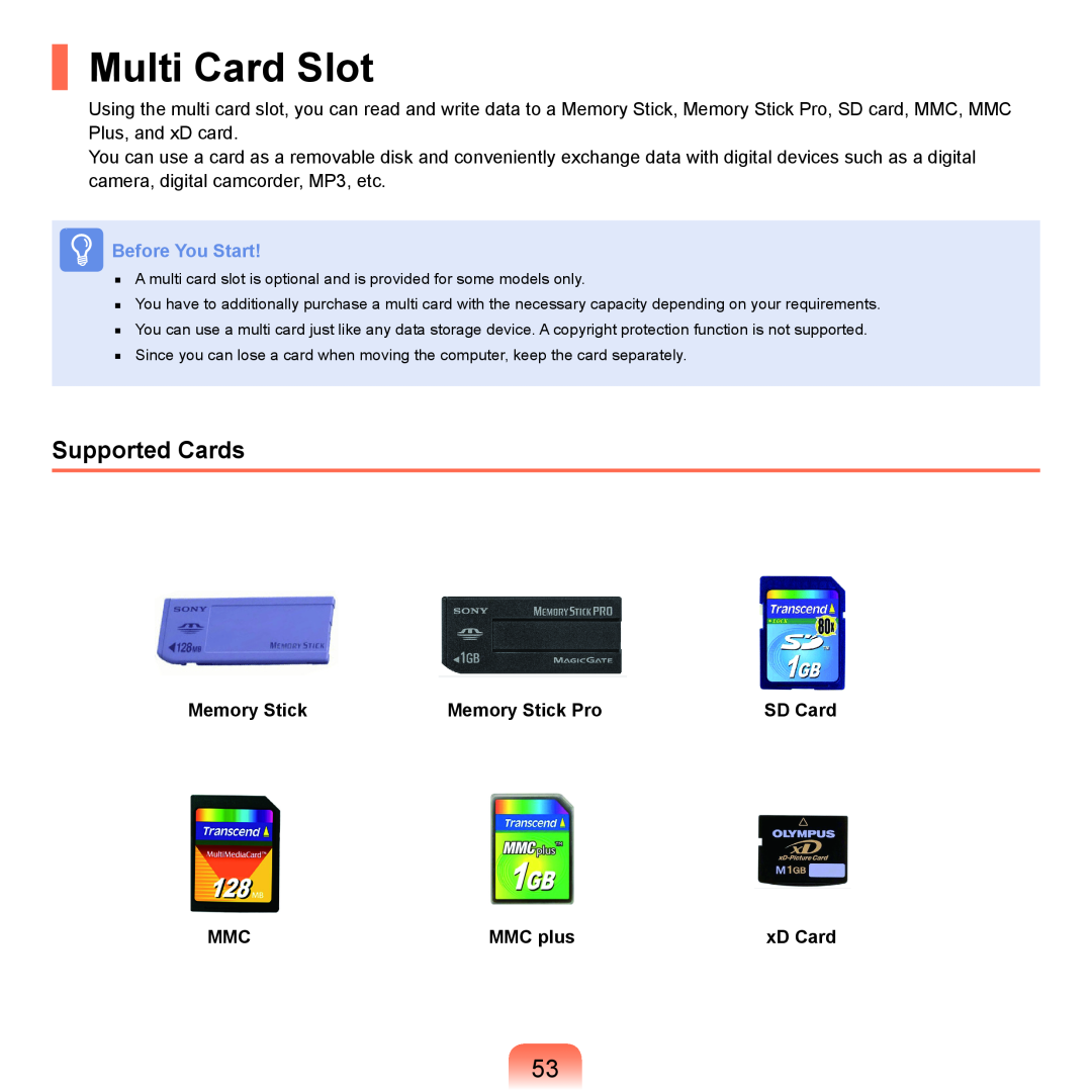 Samsung P55 manual Multi Card Slot, Supported Cards, Before You Start, Memory Stick Pro, SD Card, MMC plus, xD Card 