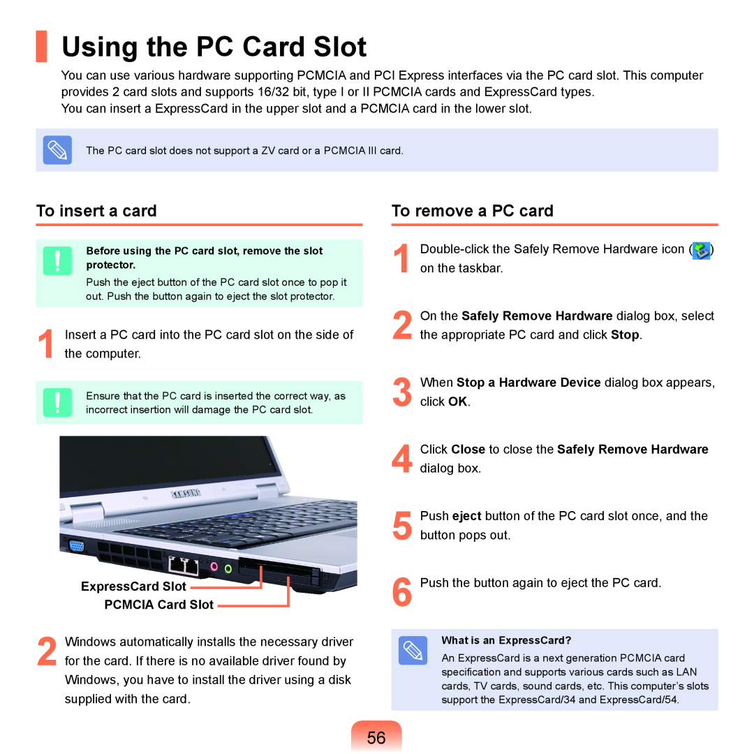 Samsung P55 manual Using the PC Card Slot, To insert a card, To remove a PC card, ExpressCard Slot PCMCIA Card Slot 