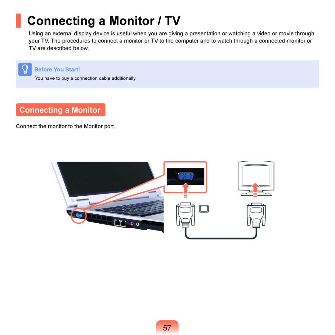 Samsung P55 manual Connecting a Monitor / TV, Before You Start 