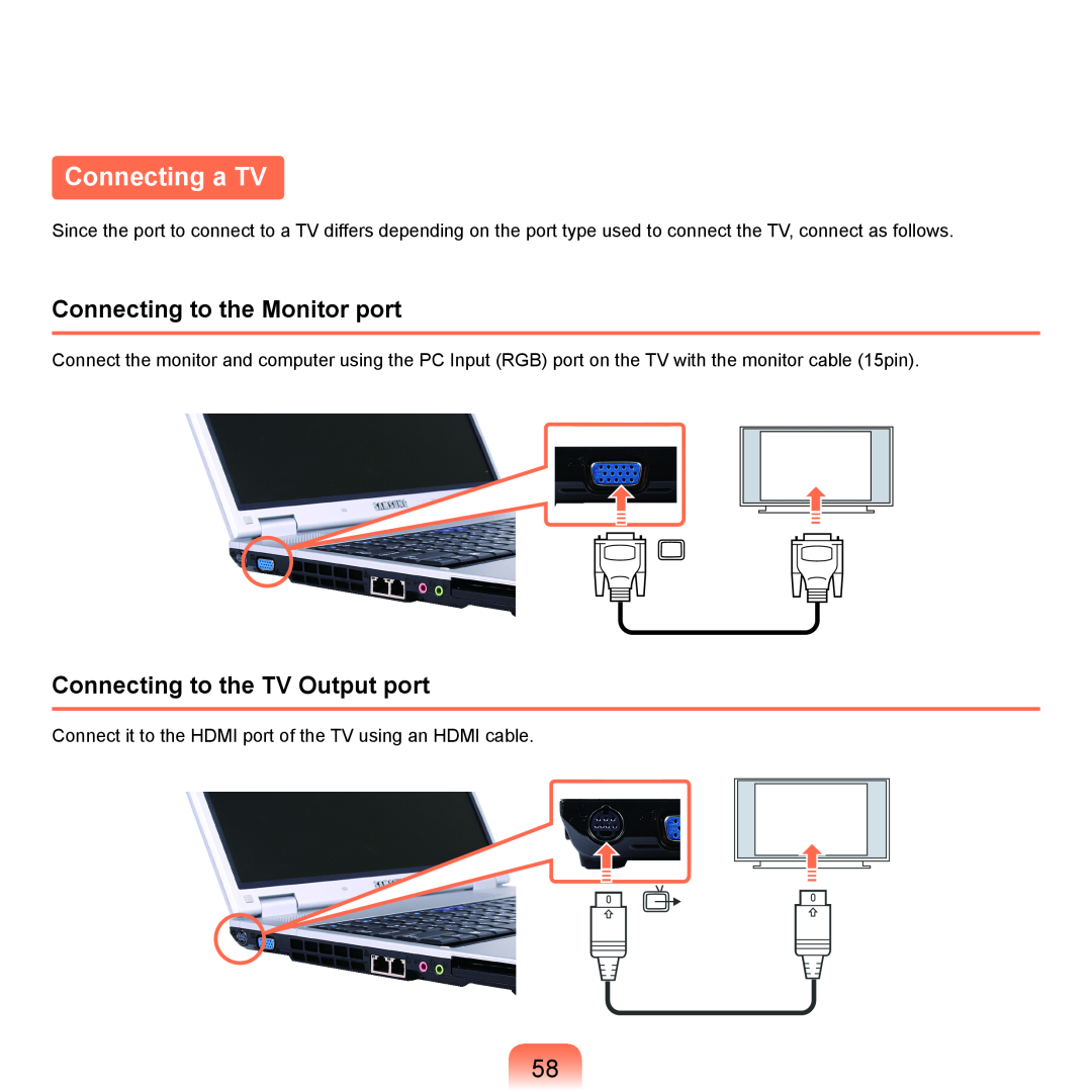 Samsung P55 manual Connecting a TV, Connecting to the Monitor port, Connecting to the TV Output port 