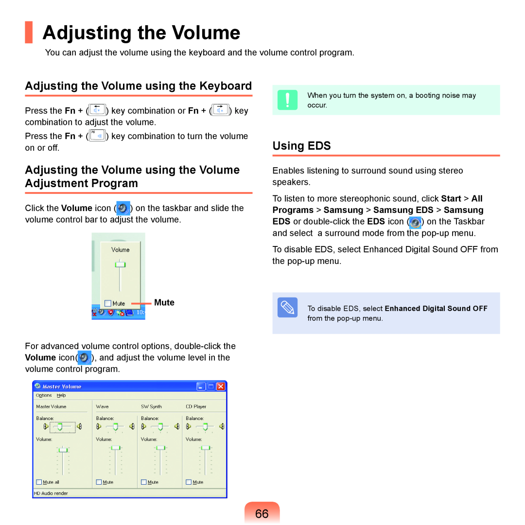 Samsung P55 manual Adjusting the Volume using the Keyboard, Using EDS, Mute 